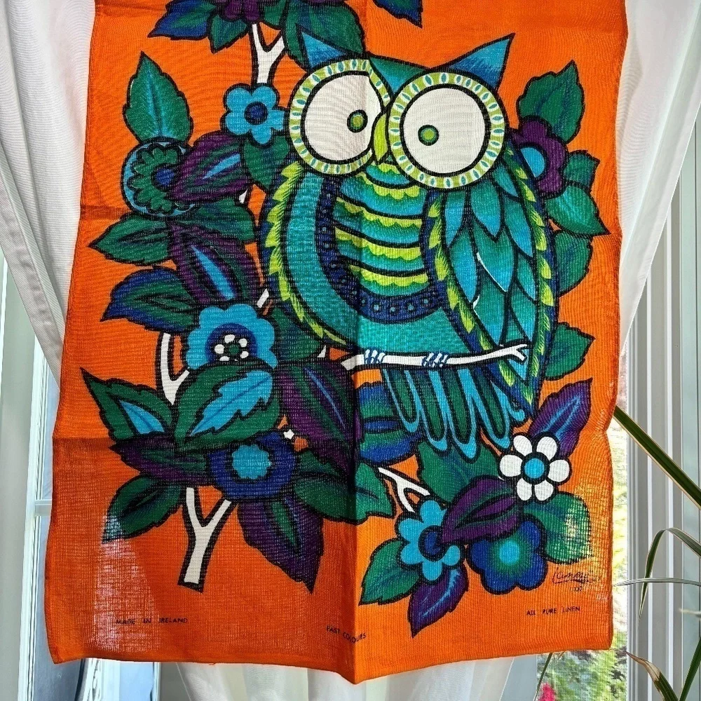 Vintage 1960s Irish Linen Wise Owl Textile Wall Hanging